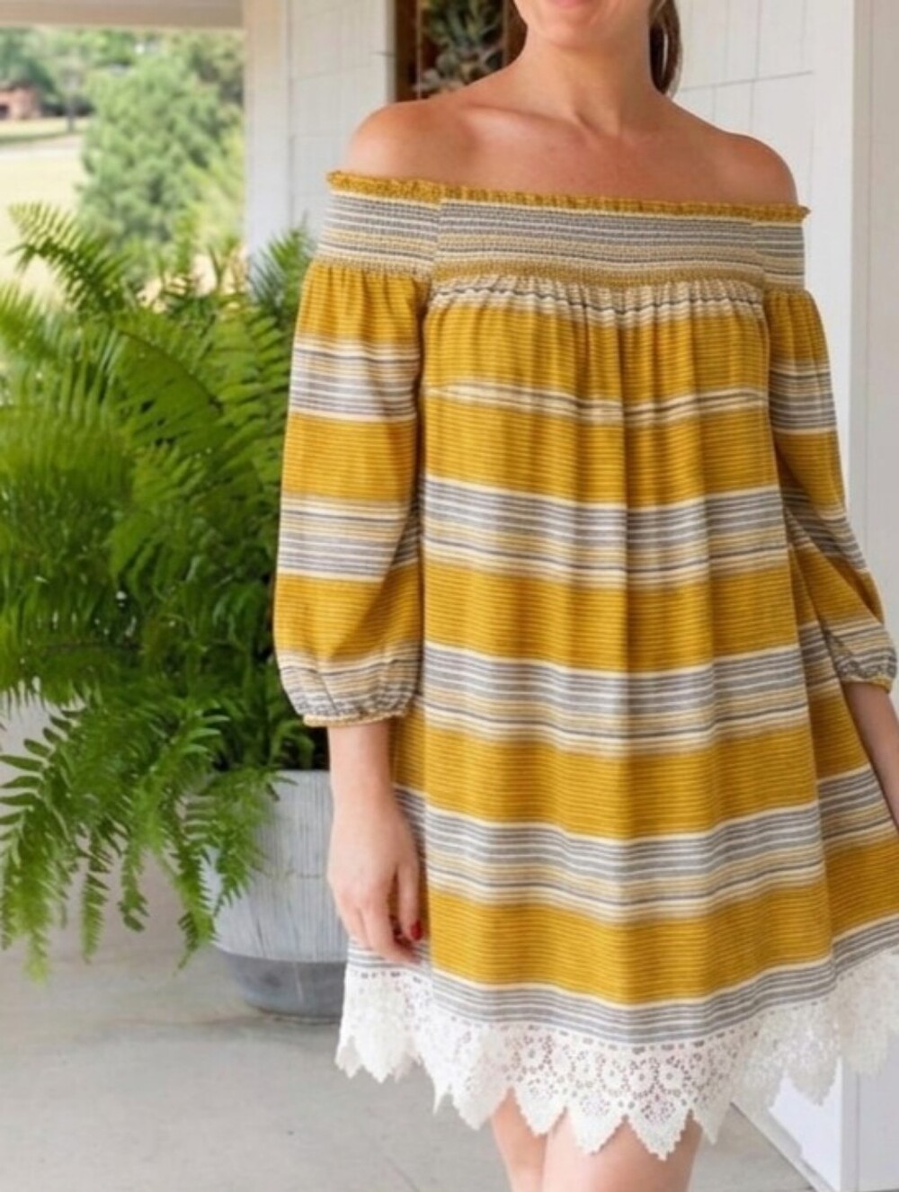 Listicle Off-The-Shoulder Dress – Size Medium – Lace Trim & Pockets